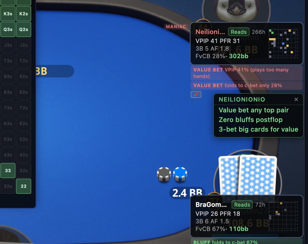 3Bet exploit pills: collapsible per-opponent exploit badges with pin