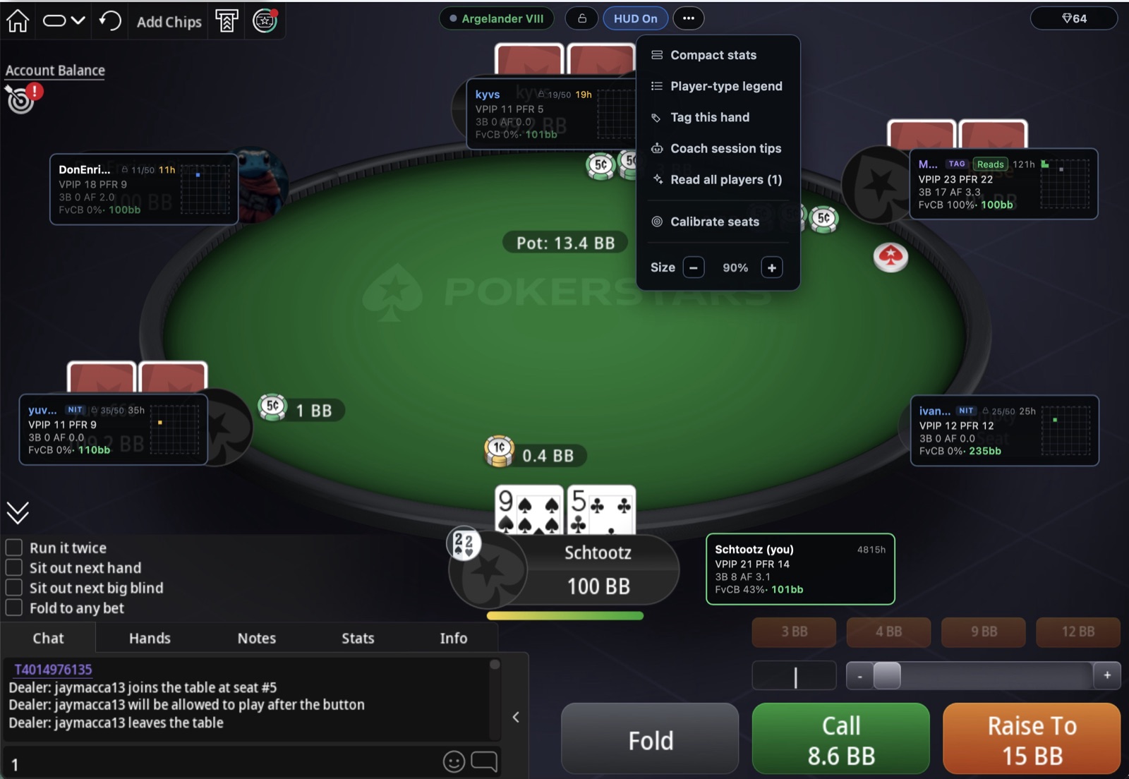 3Bet HUD overlay on a live PokerStars table: real stats, player tags, and AI reads