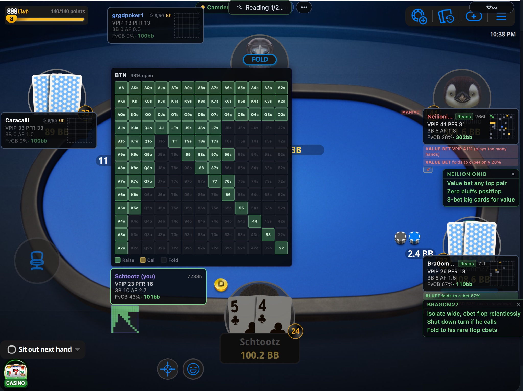 3Bet GTO Position Coach: 13×13 opening range grid with 3-color raise/call/fold coding and exploit pills on the HUD overlay